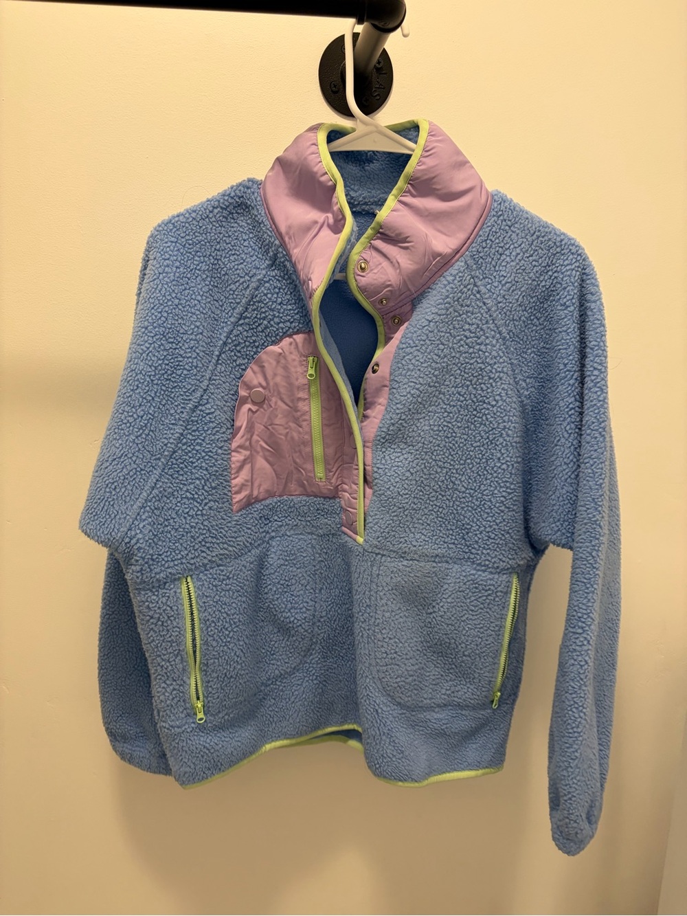 Plush Fleece Jacket with Contrast Trim - Light Blue & Lavender